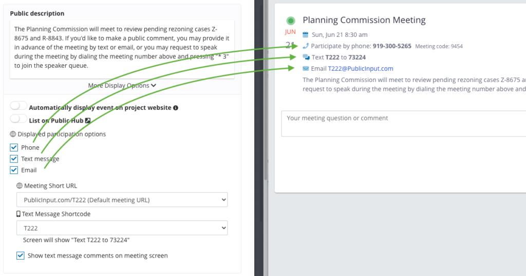 Control engagement options shown to public participants with email, text, and phone toggles